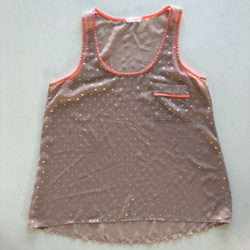 Cute tank top, sheer w/gold & orange